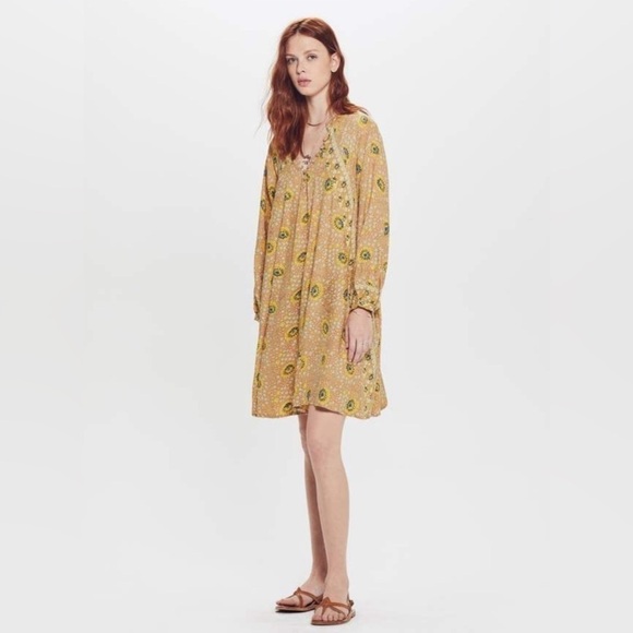 Natalie Martin Fiore Short Rayon Dress - Vintage Flowers Gold size Small - Picture 1 of 7